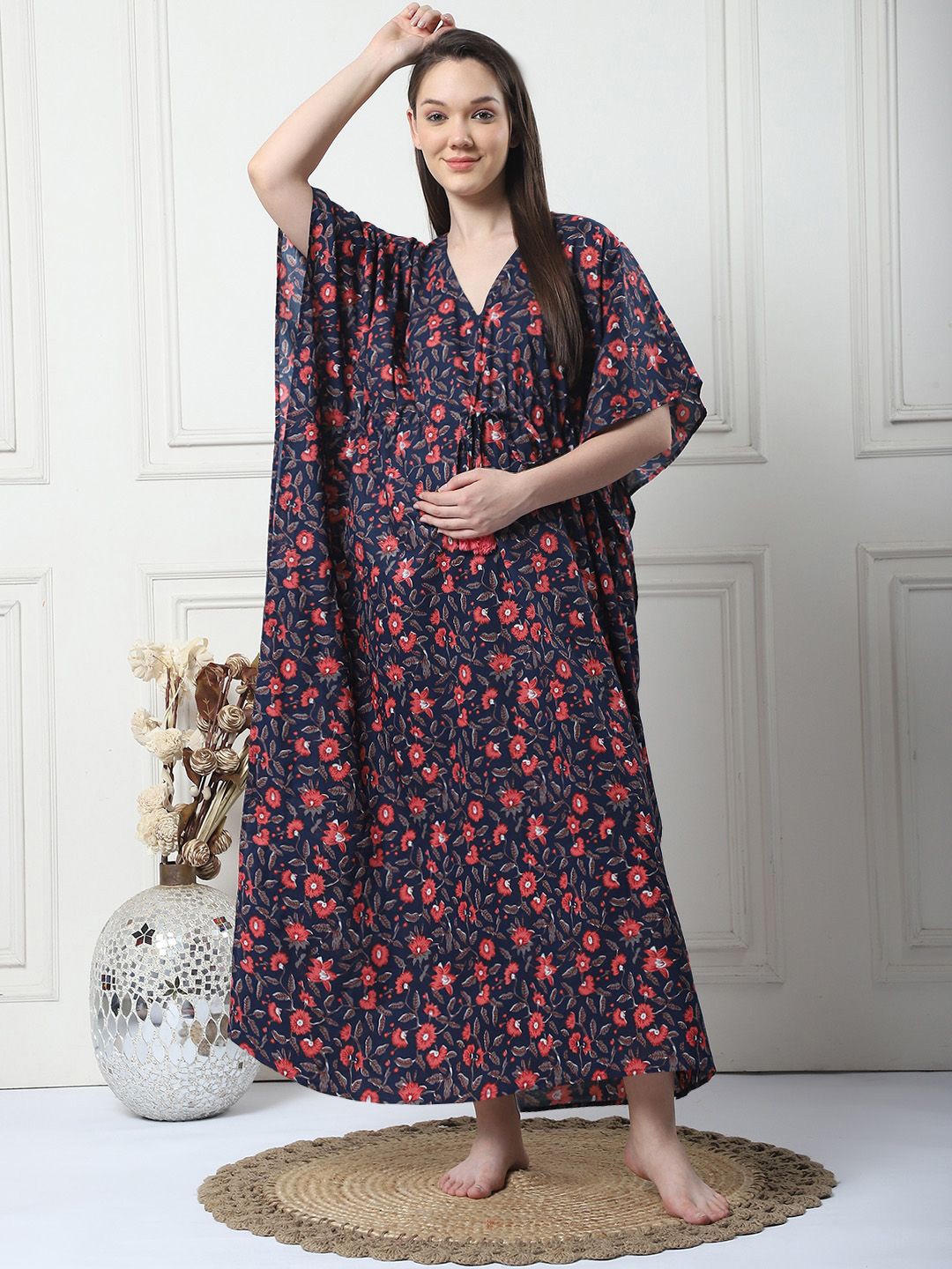 

Secret Wish Floral Print Cotton Maternity Kaftan Maxi Nightdress, Navy blue