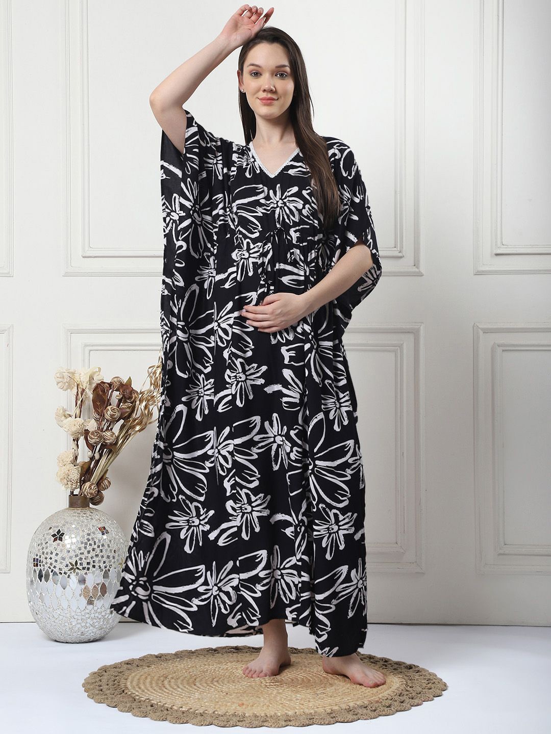 

Secret Wish Floral Print Maternity Kaftan Maxi Nightdress, Black
