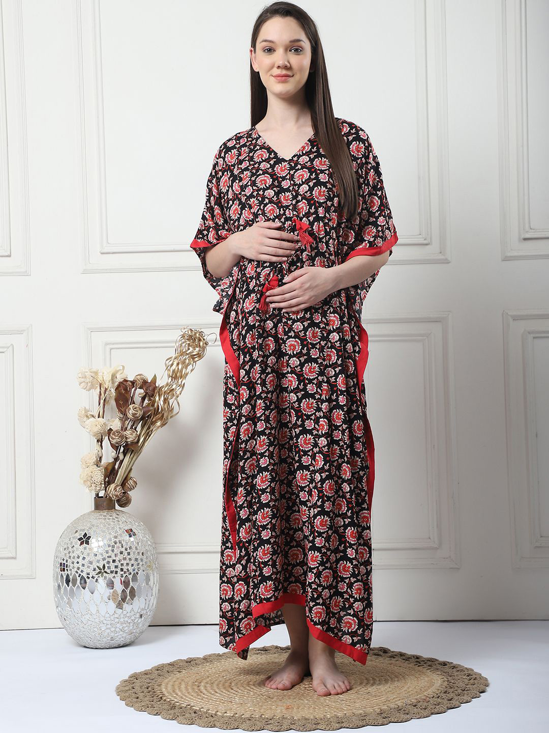 

Secret Wish Floral Print Maxi Maternity Kaftan Nightdress, Black