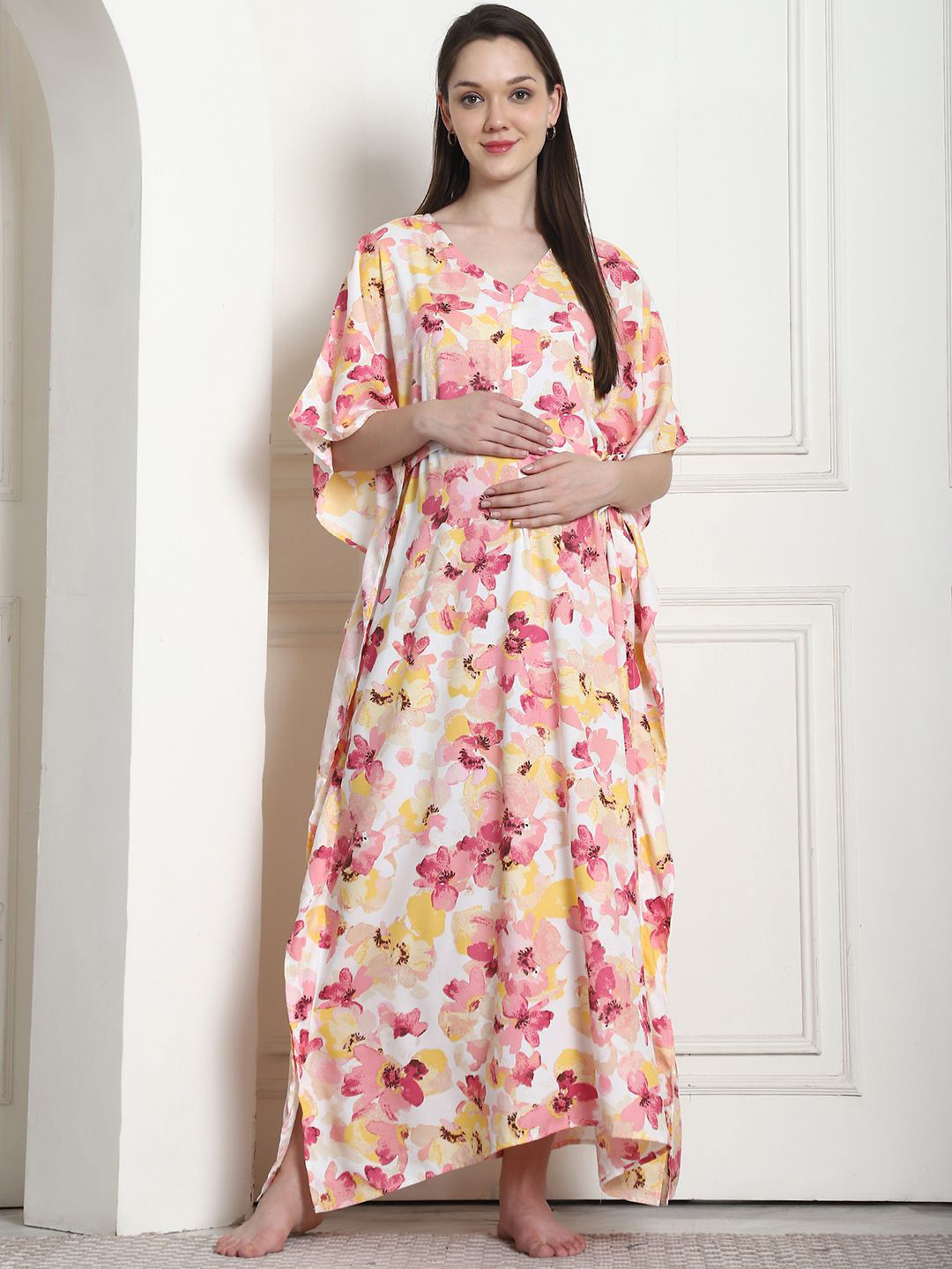 

Secret Wish Floral Print Maxi Maternity Kaftan Nightdress, Peach