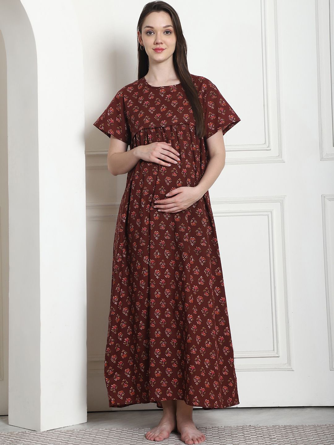 

Secret Wish Printed Cotton Maternity Maxi Nightdress, Brown