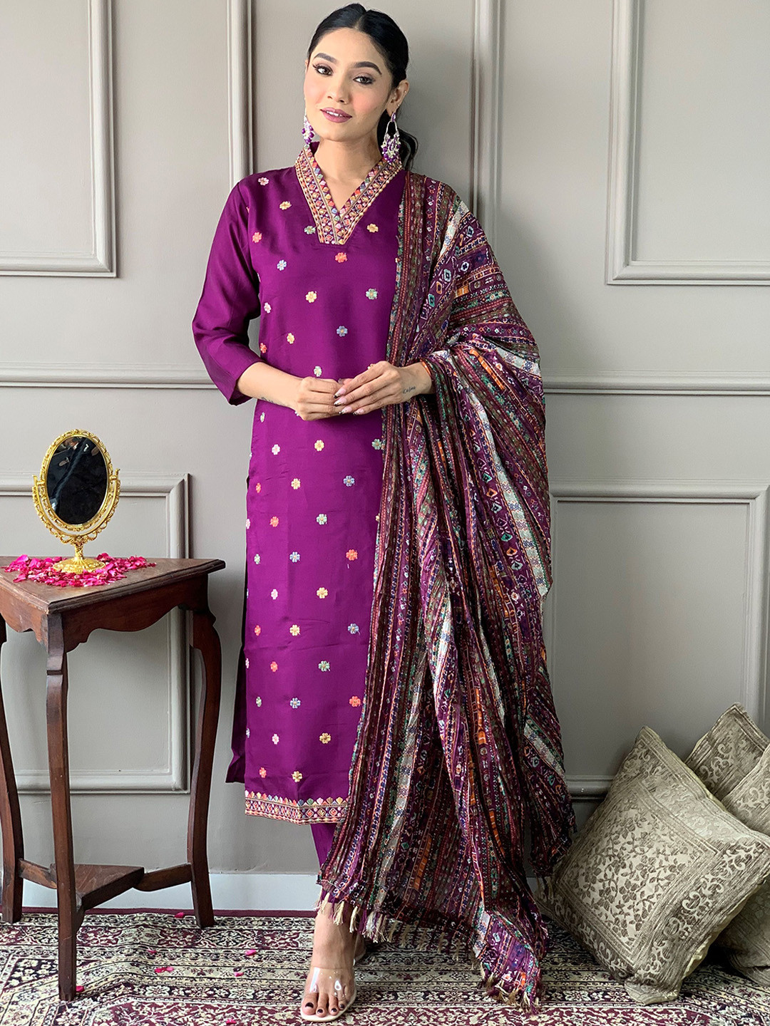 

KALINI Geometric Embroidered Kantha Work Chanderi Silk Kurta With Trousers & Dupatta, Purple