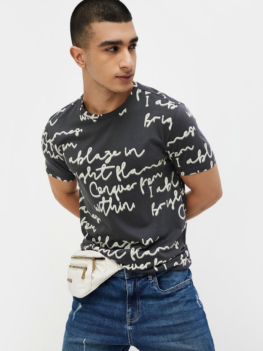 Forca by Lifestyle Men Floral Printed Pockets T-shirt, Grey