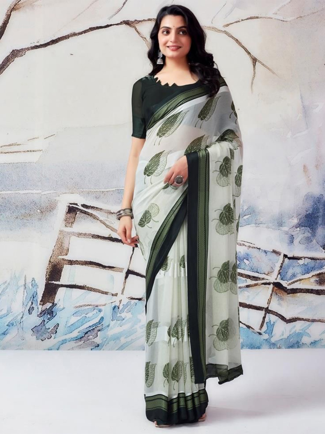 

Sanwariya Silk Ethnic Motifs Printed Pure Georgette Bagh Saree, Green