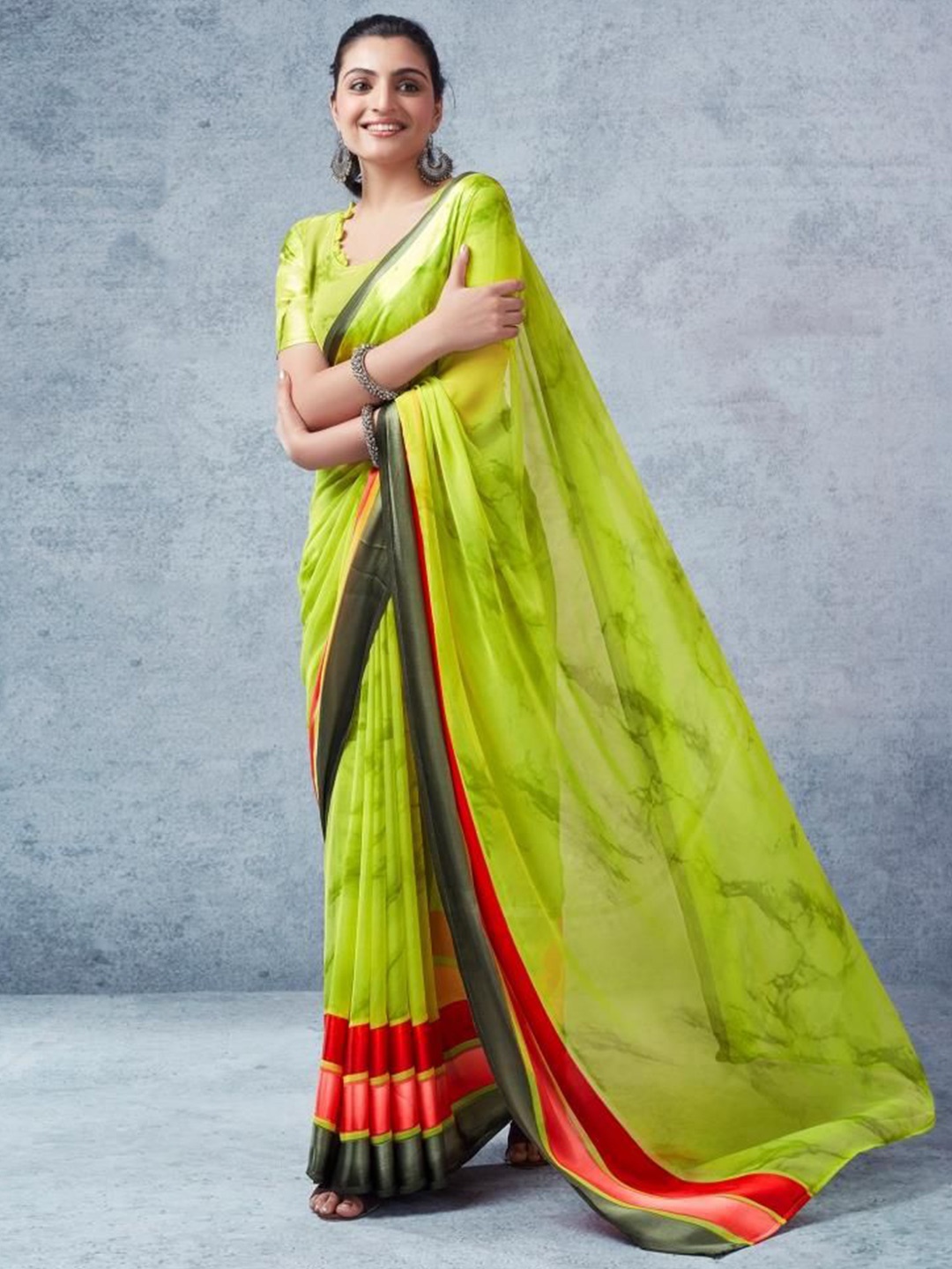

Sanwariya Silk Abstract Printed Pure Georgette Bagh Saree, Green