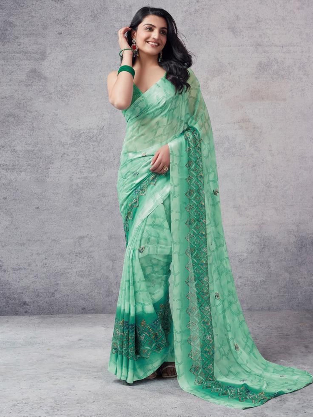 Sanwariya Silk Abstract Printed Pure Georgette Bagh Saree, Green