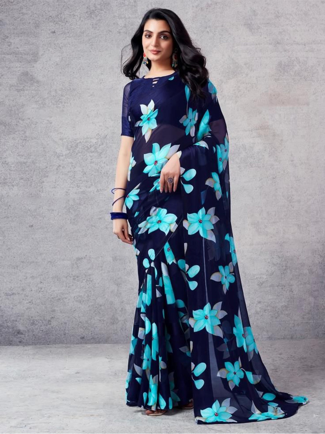

Sanwariya Silk Floral Pure Georgette Bagh Saree, Navy blue