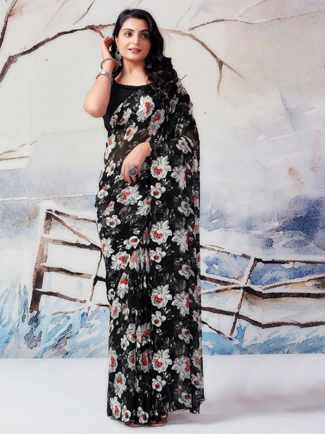 

Sanwariya Silk Floral Printed Pure Georgette Bagh Saree, Black