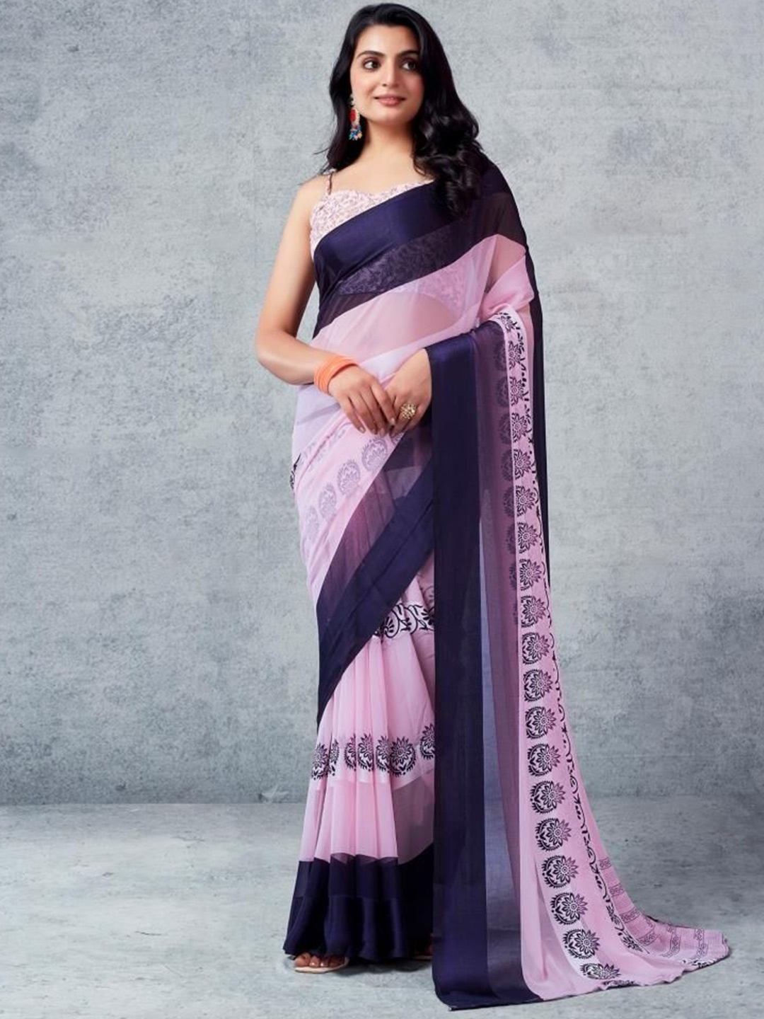 Sanwariya Silk Ethnic Motifs Printed Pure Georgette Bagh Saree, Pink