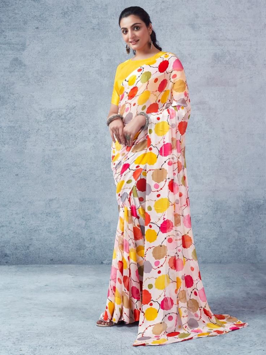 

Sanwariya Silk Geometric Printed Pure Georgette Bagh Saree, White