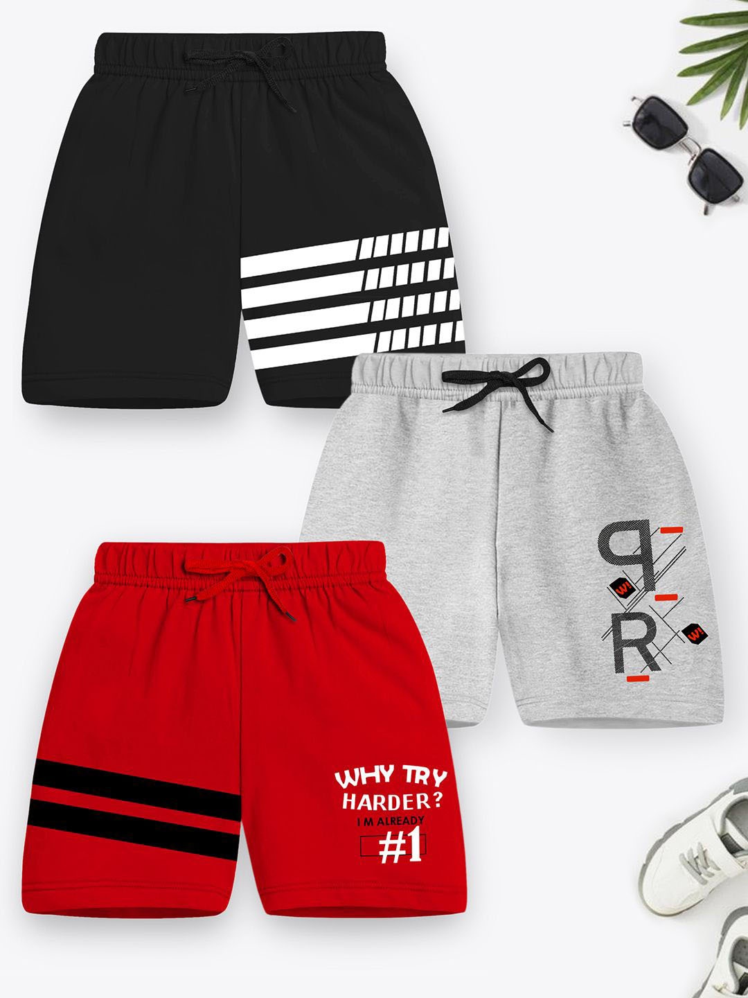 

YK X Trampoline Unisex Kids Pack of 3 Mid Rise Printed Shorts, Red