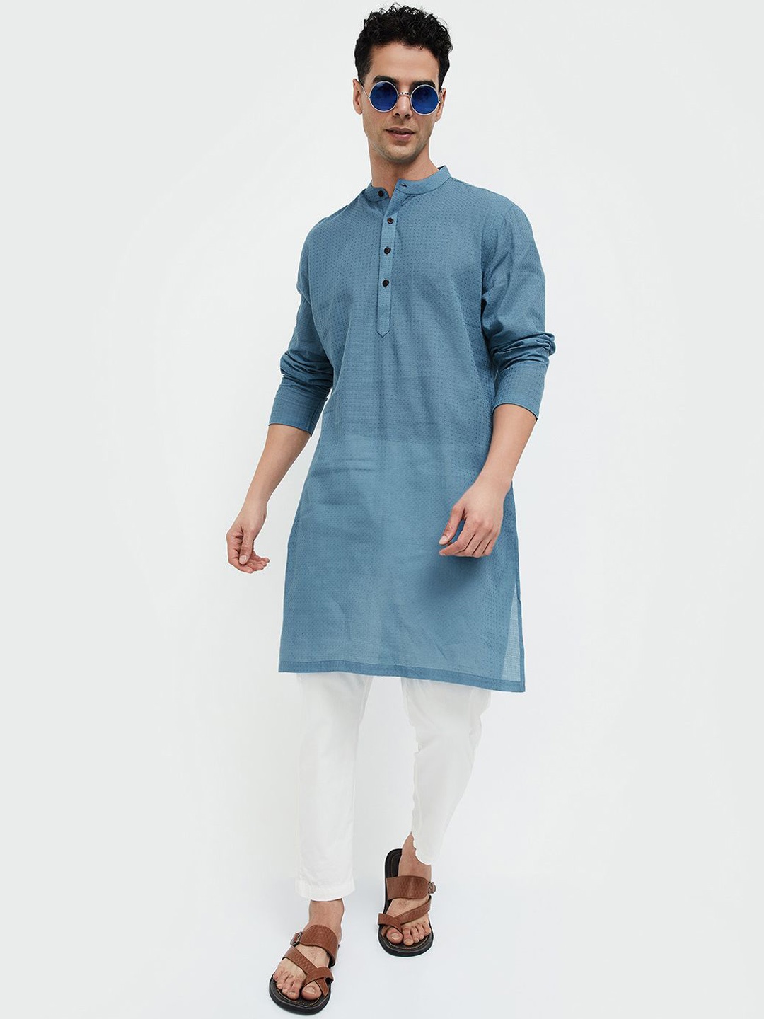 

Melange by Lifestyle Woven Design Mandarin Collar Cotton Straight Kurta, Blue