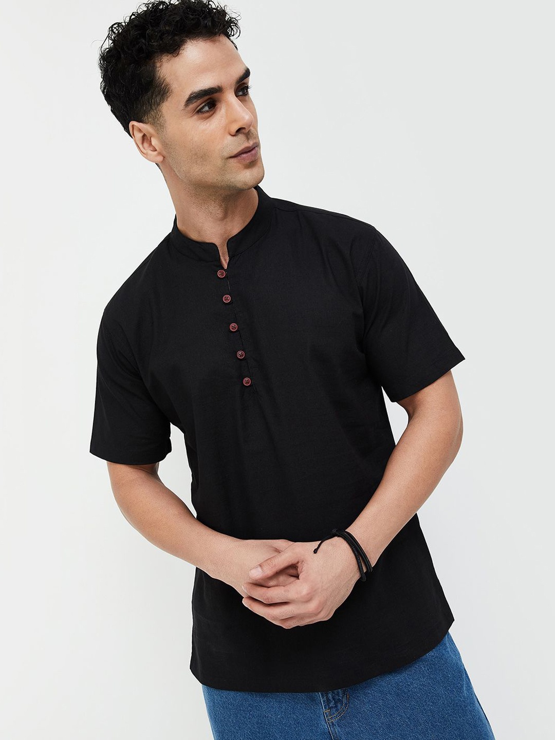 

Melange by Lifestyle Mandarin Collar Cotton Straight Short Kurta, Black