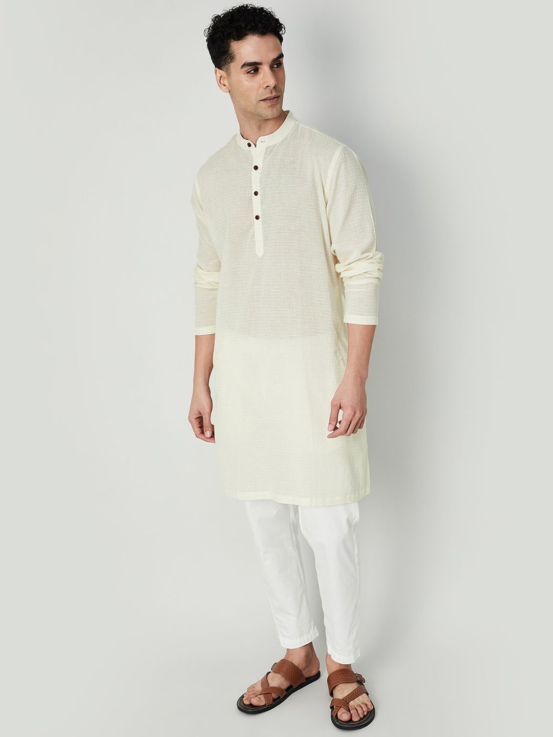 

Melange by Lifestyle Woven Design Mandarin Collar Cotton Straight Kurta, Beige