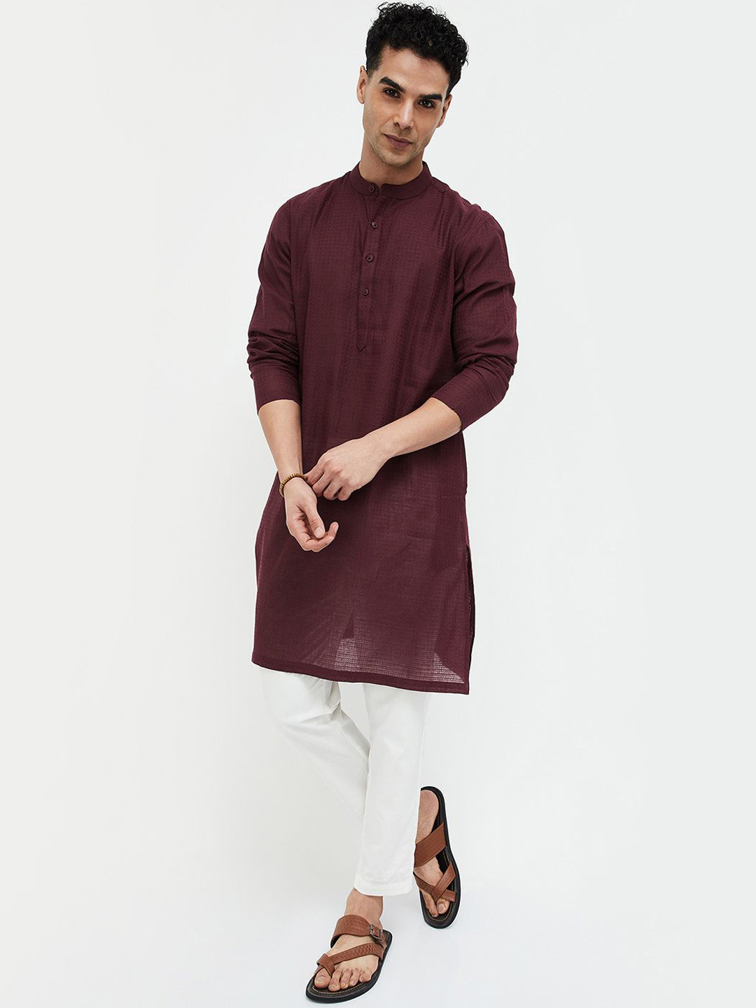 

Melange by Lifestyle Woven Design Mandarin Collar Cotton Straight Kurta, Maroon