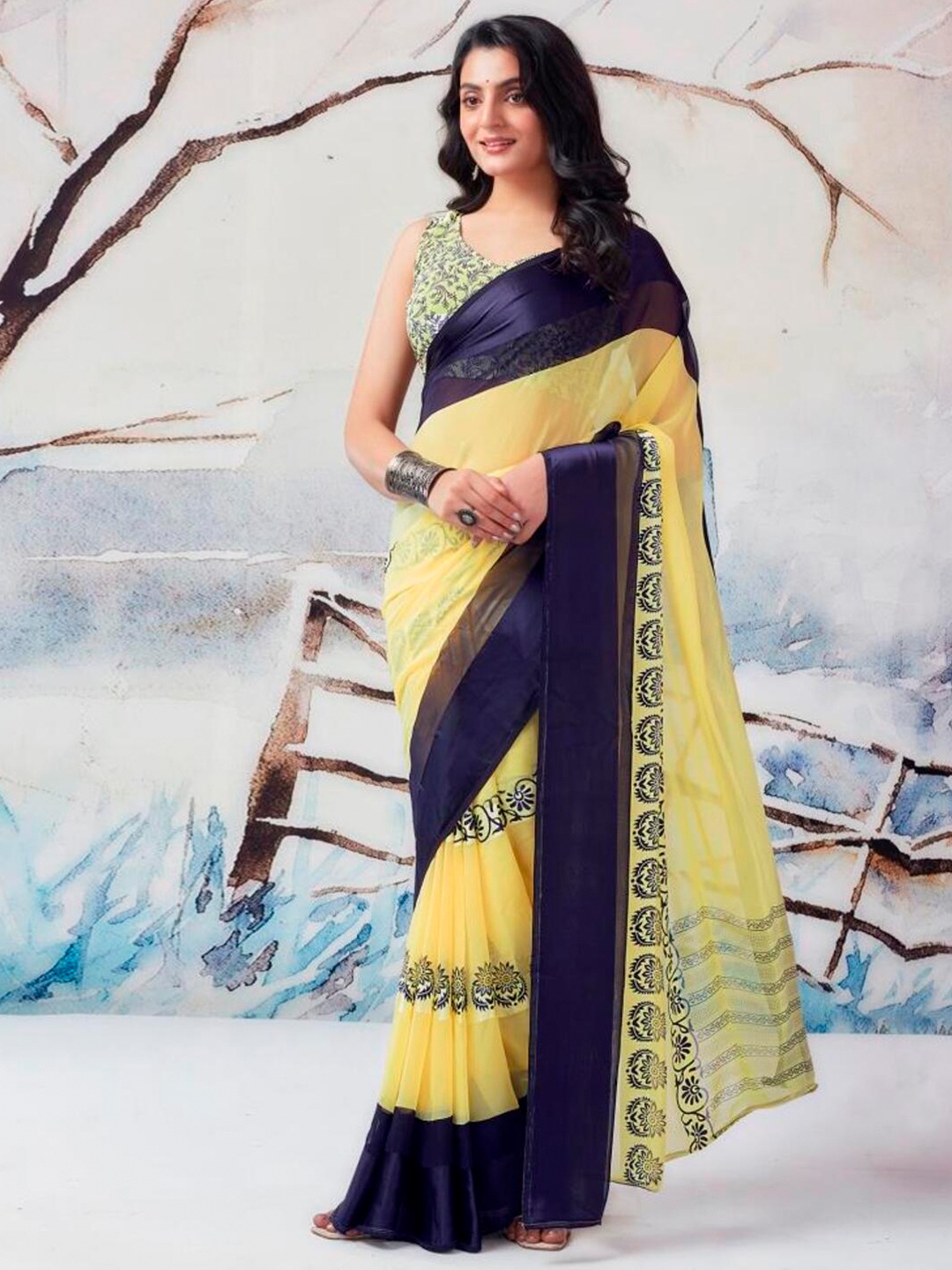 

SANJANA SILK Ethnic Printed Striped Pure Georgette Bagh Saree, Yellow