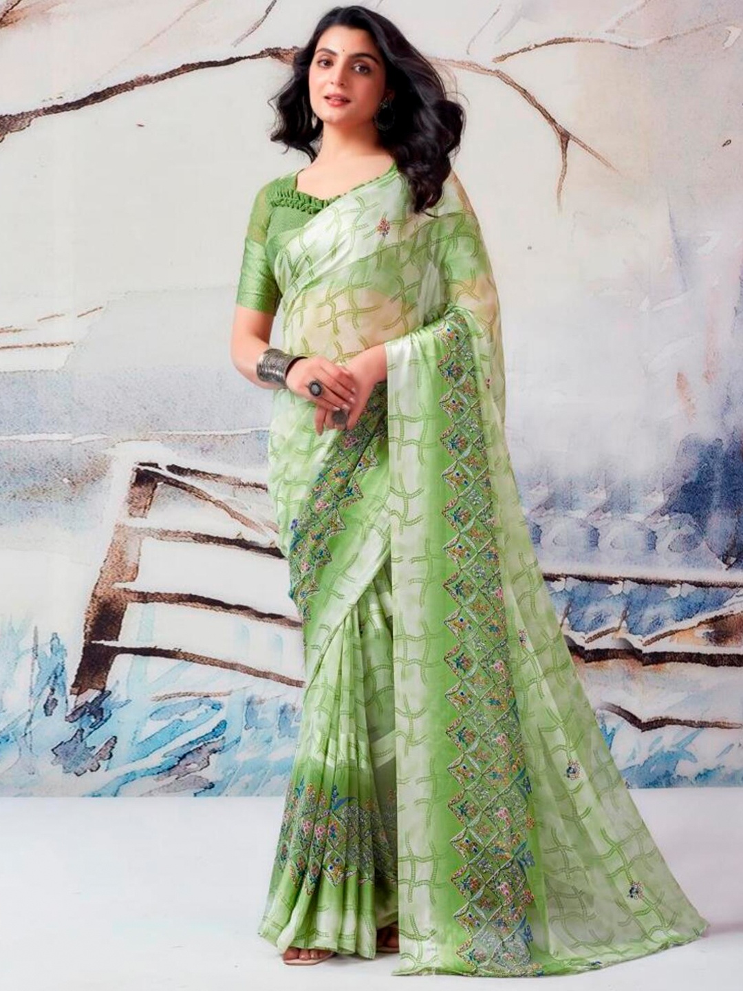 

SANJANA SILK Floral Pure Georgette Bagh Saree, Lime green