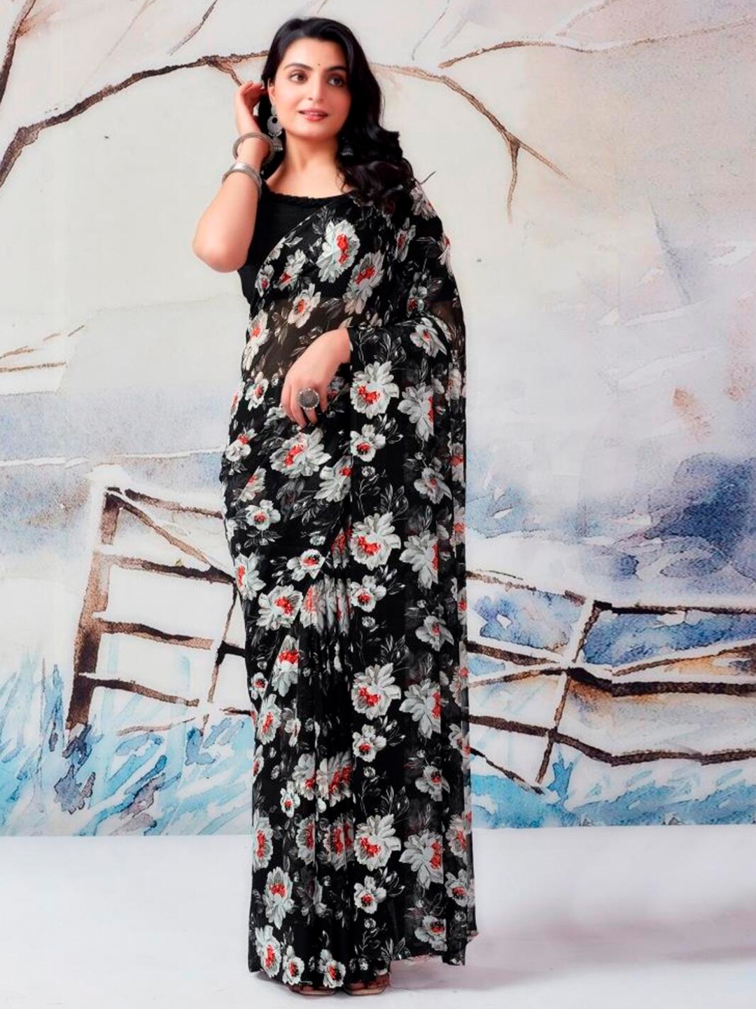 

SANJANA SILK Pure Georgette Floral Saree with Blouse, Black