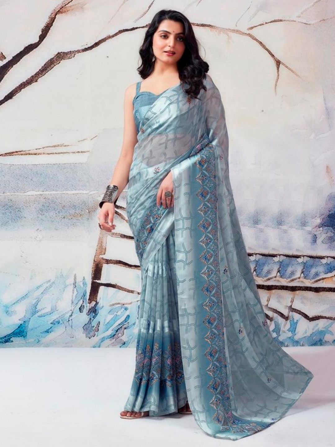 

SANJANA SILK Pure Georgette Floral Saree with Blouse, Grey