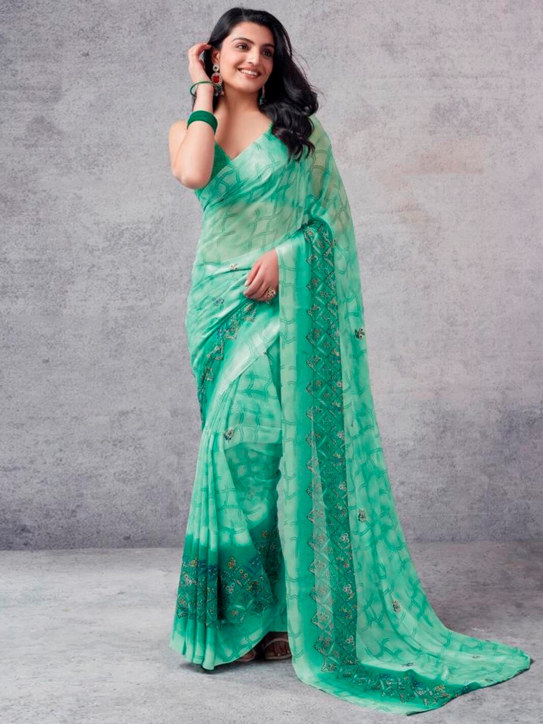 

SANJANA SILK Pure Georgette Floral Saree with Blouse, Green