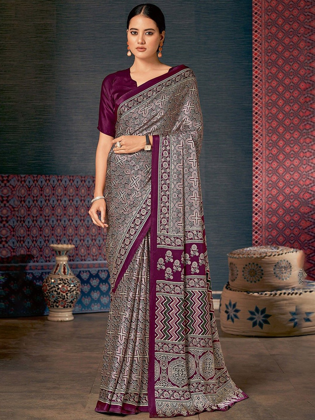 

Jinal & Jinal Ajrak Printed Solid Border Saree, Beige