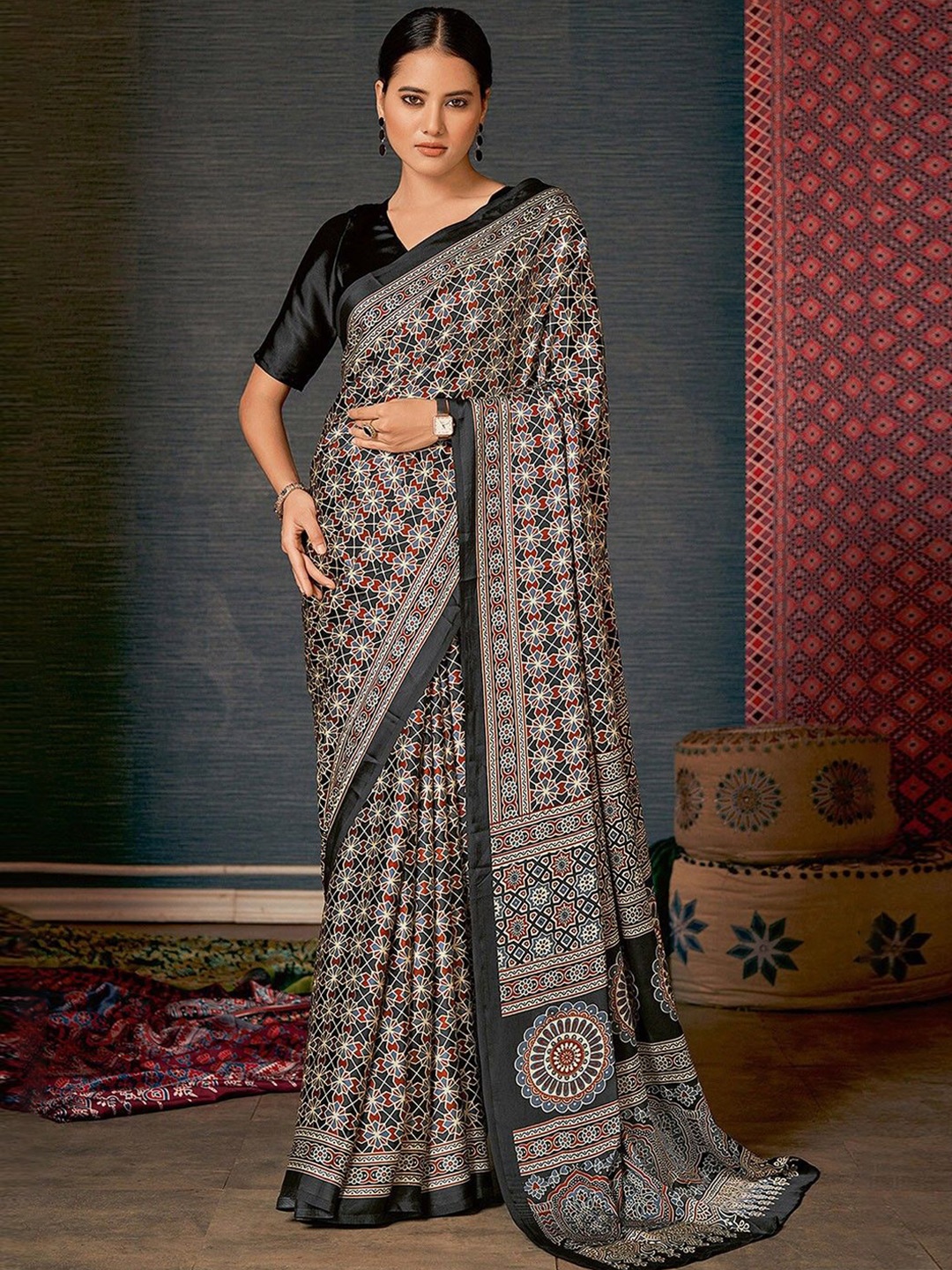 

Jinal & Jinal Ajrak Printed Solid Border Saree, Black