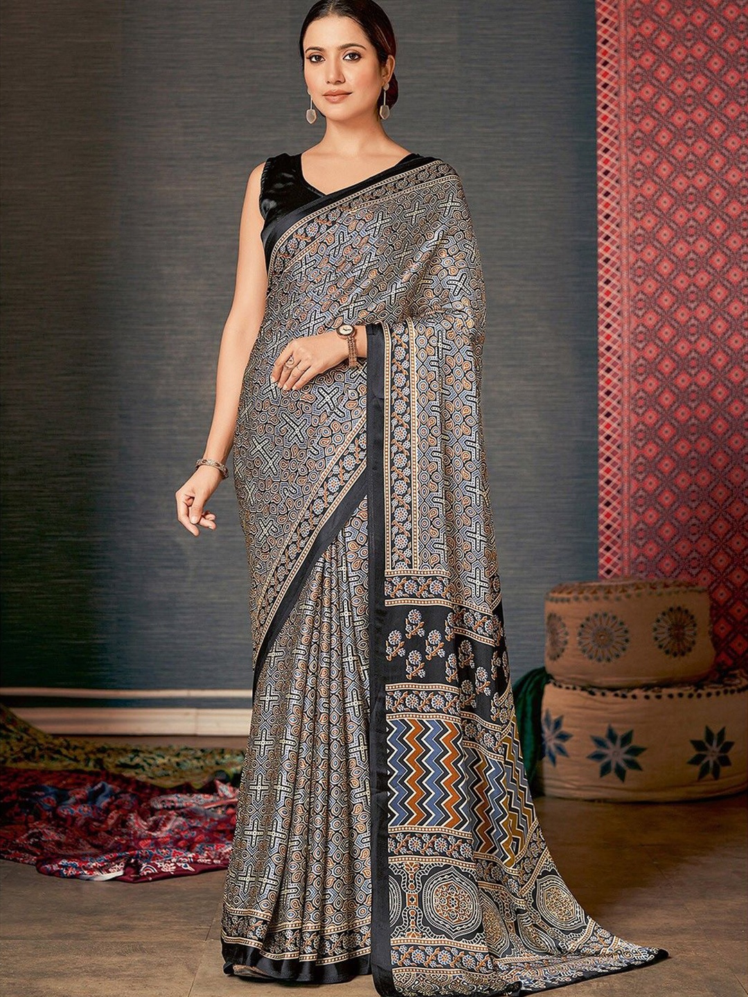 

Jinal & Jinal Ajrak Printed Solid Border Saree, Black