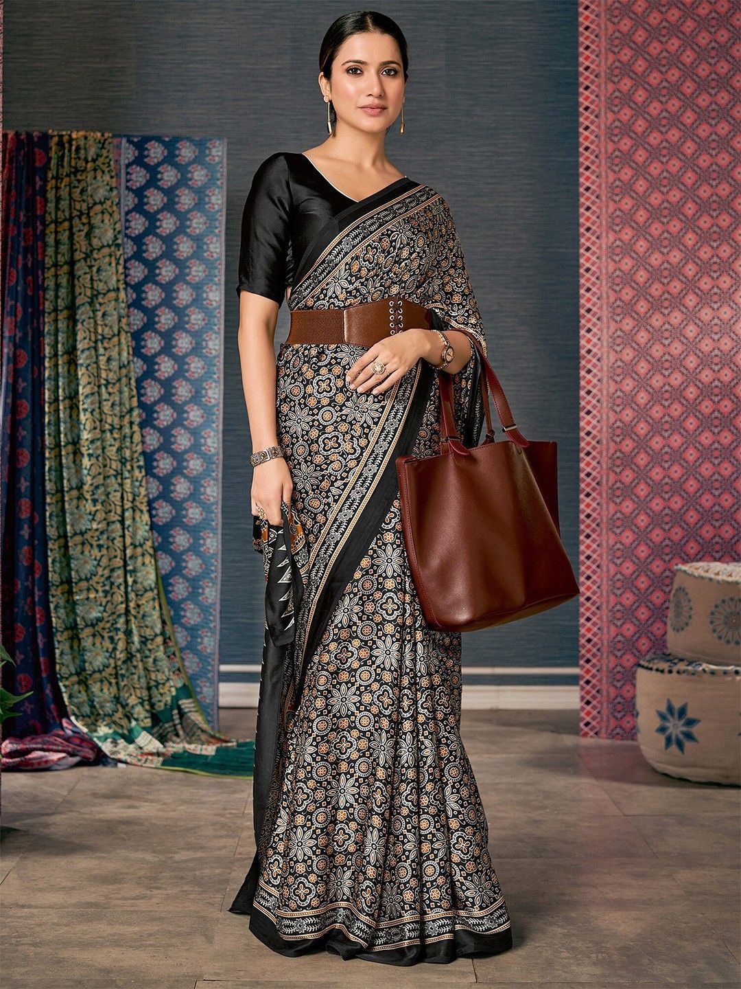 

Jinal & Jinal Ajrak Printed Solid Border Saree, Black