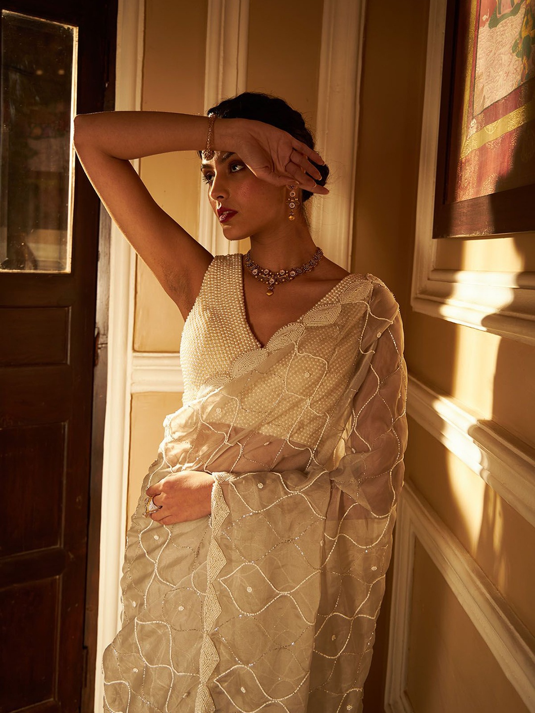 

Sabaahat Beads and Stones Embellished Pure Chiffon Saree, Off white