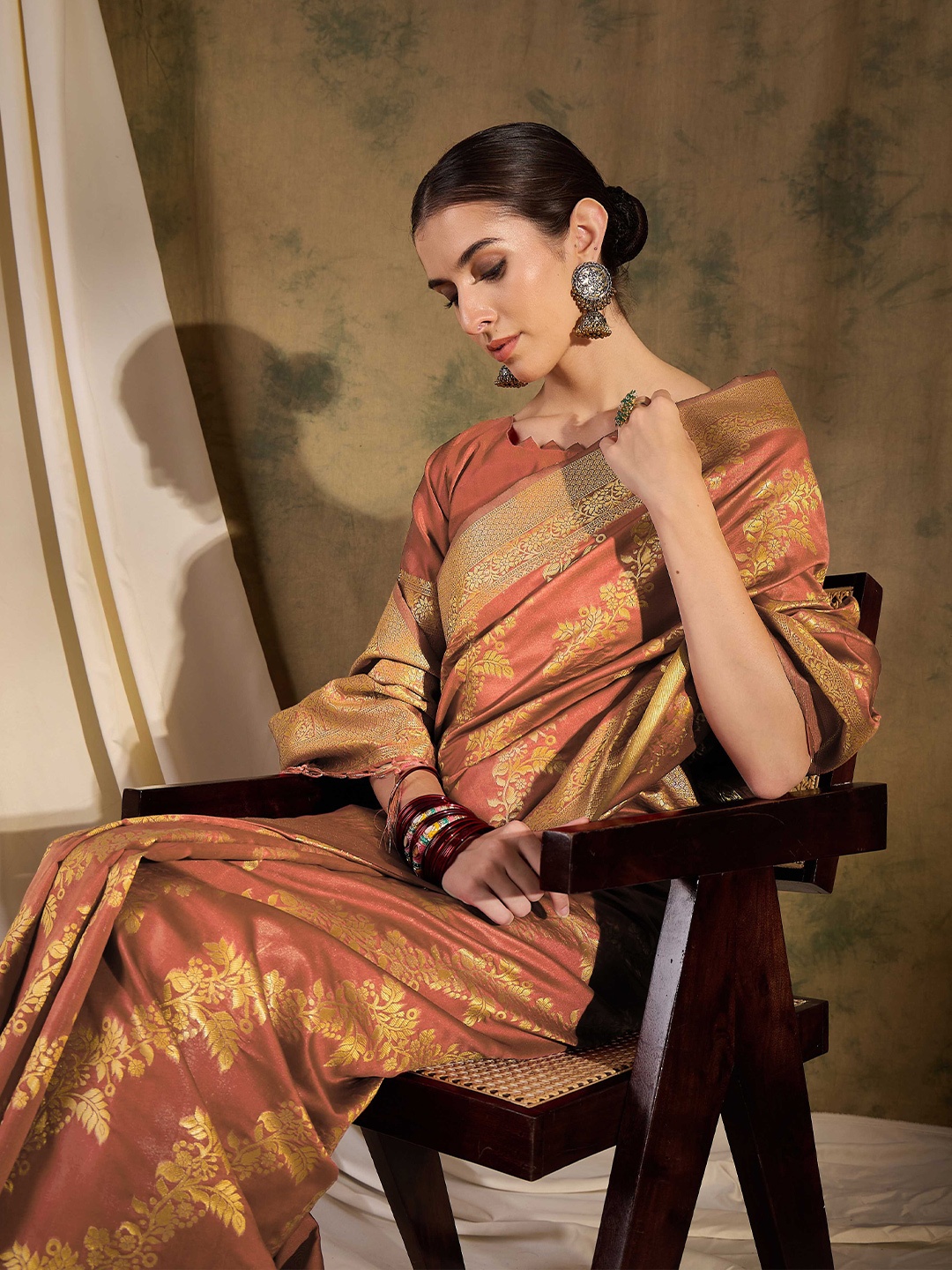 

Sangria Ethnic Motif Zari Woven Striped Banarasi Saree With Blouse, Rust