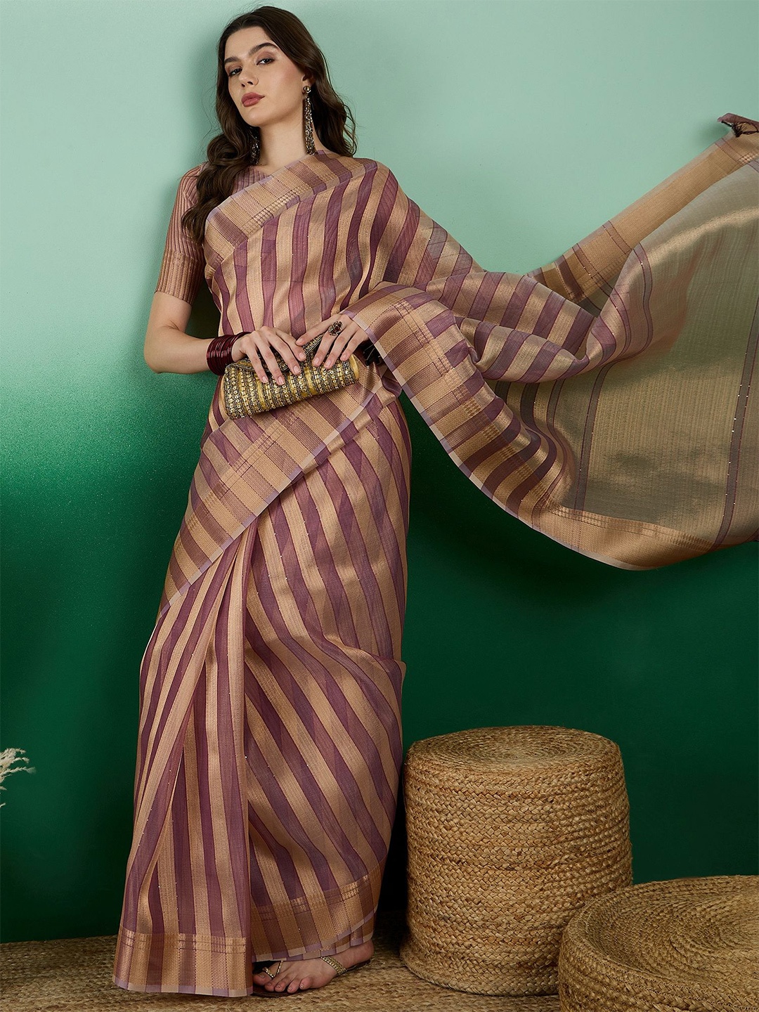 

Sangria Striped Zari Woven Saree With Blouse, Rust