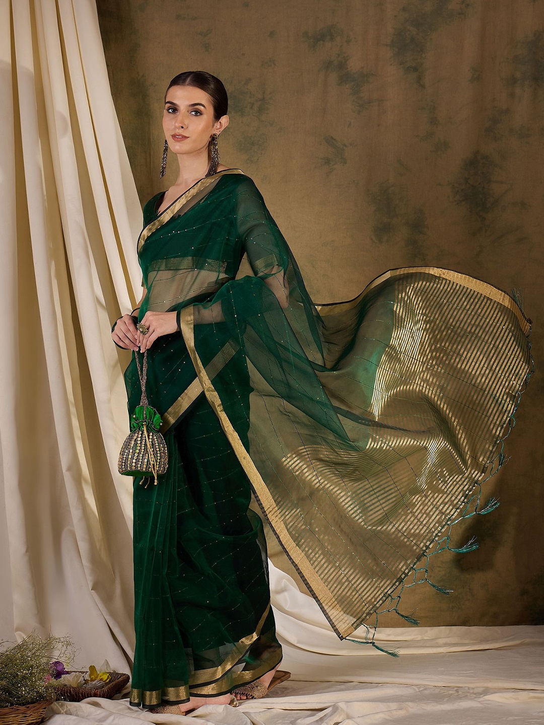 

Sangria Zari Woven Striped Sequinned Saree, Green