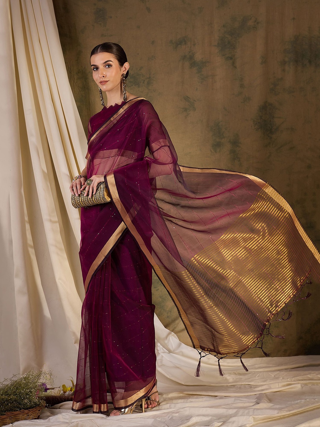 

Sangria Zari Woven Striped Sequinned Kanjeevaram Saree with Blouse, Burgundy