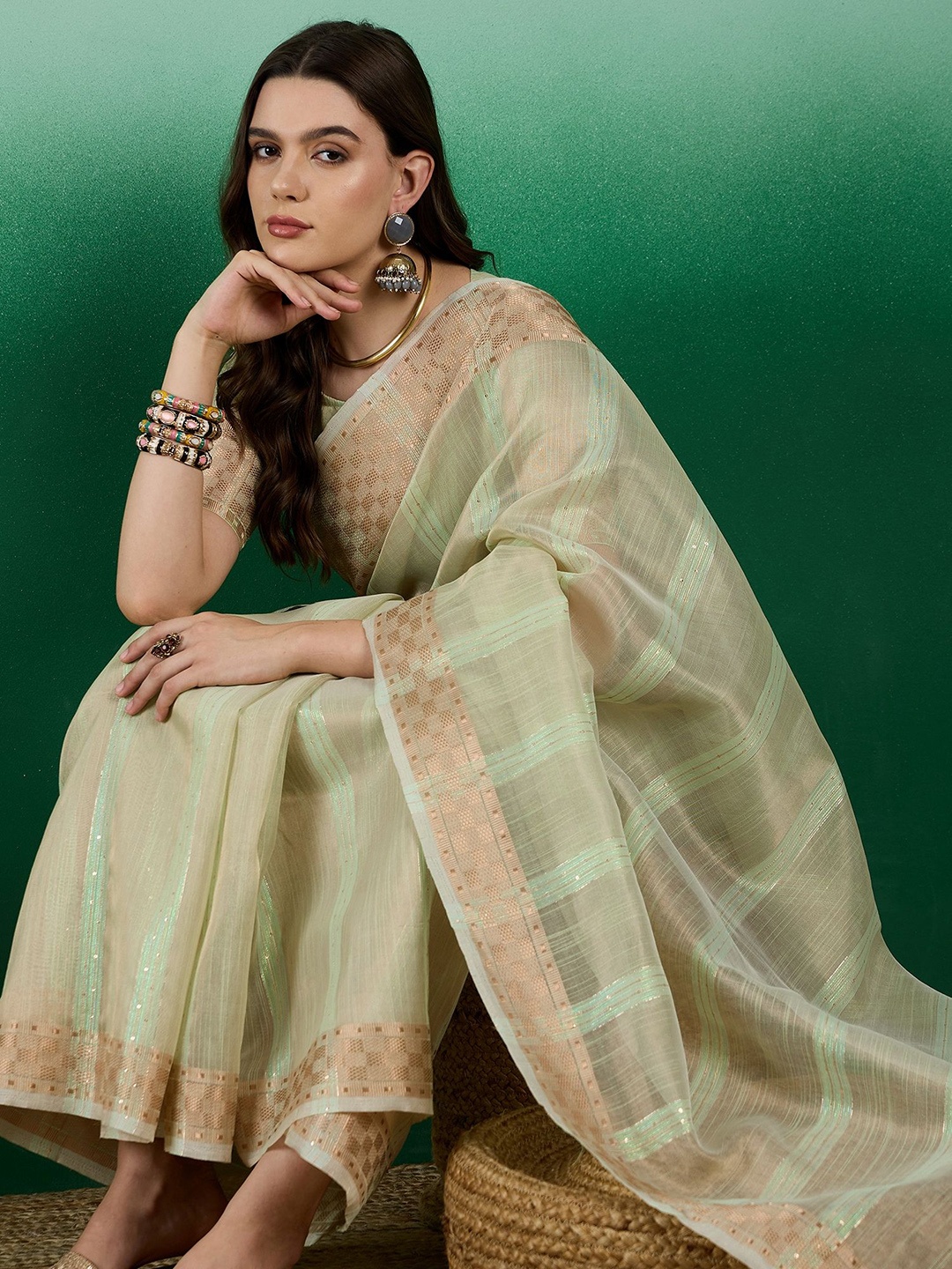 

Sangria Zari Woven Striped Kanjeevaram Saree With Blouse, Green