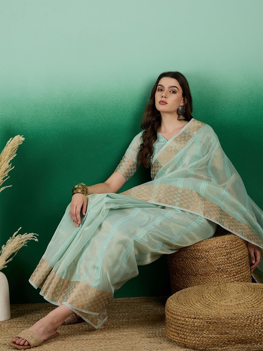 

Sangria Striped Design Zari Woven Kanjeevaram Saree with Blouse, Sea green