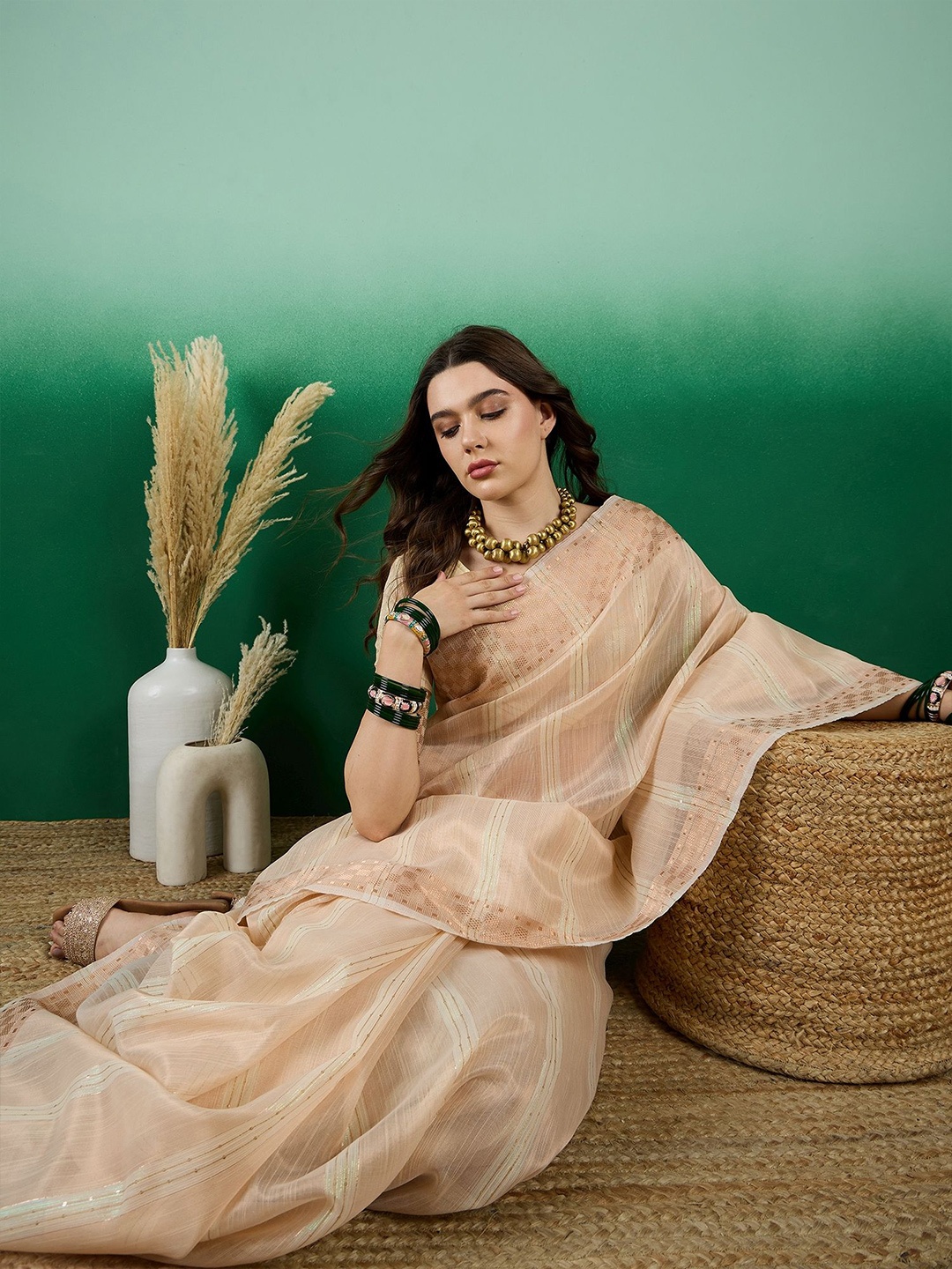 

Sangria Striped Design Zari Woven Kanjeevaram Saree with Blouse, Beige