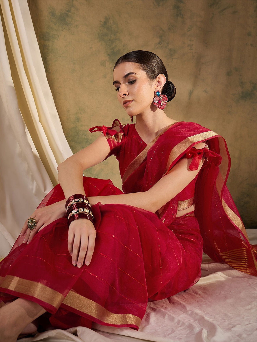 

Sangria Striped Zari Woven Sequinned Kanjeevaram Saree with Blouse, Red