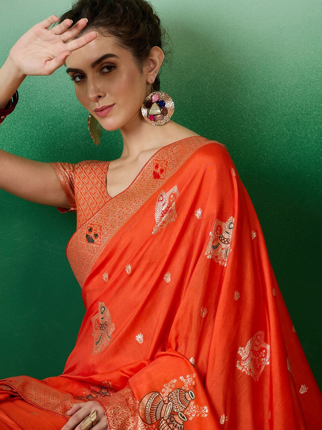 

Sangria Ethnic Motif Zari Woven Kanjeevaram Saree with Blouse, Orange