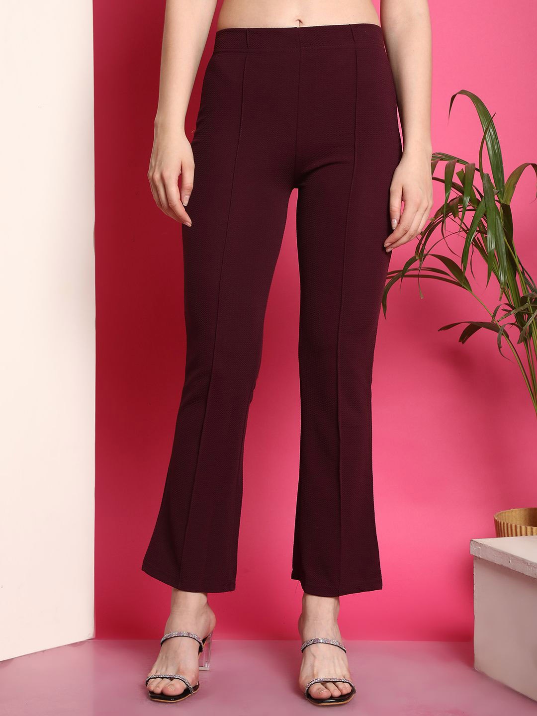 

Fabflee Women Solid Flared High-Rise Casual Trousers, Purple
