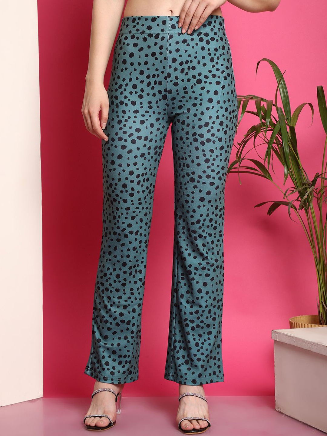 

Fabflee Women Printed Flared High-Rise Trousers, Green