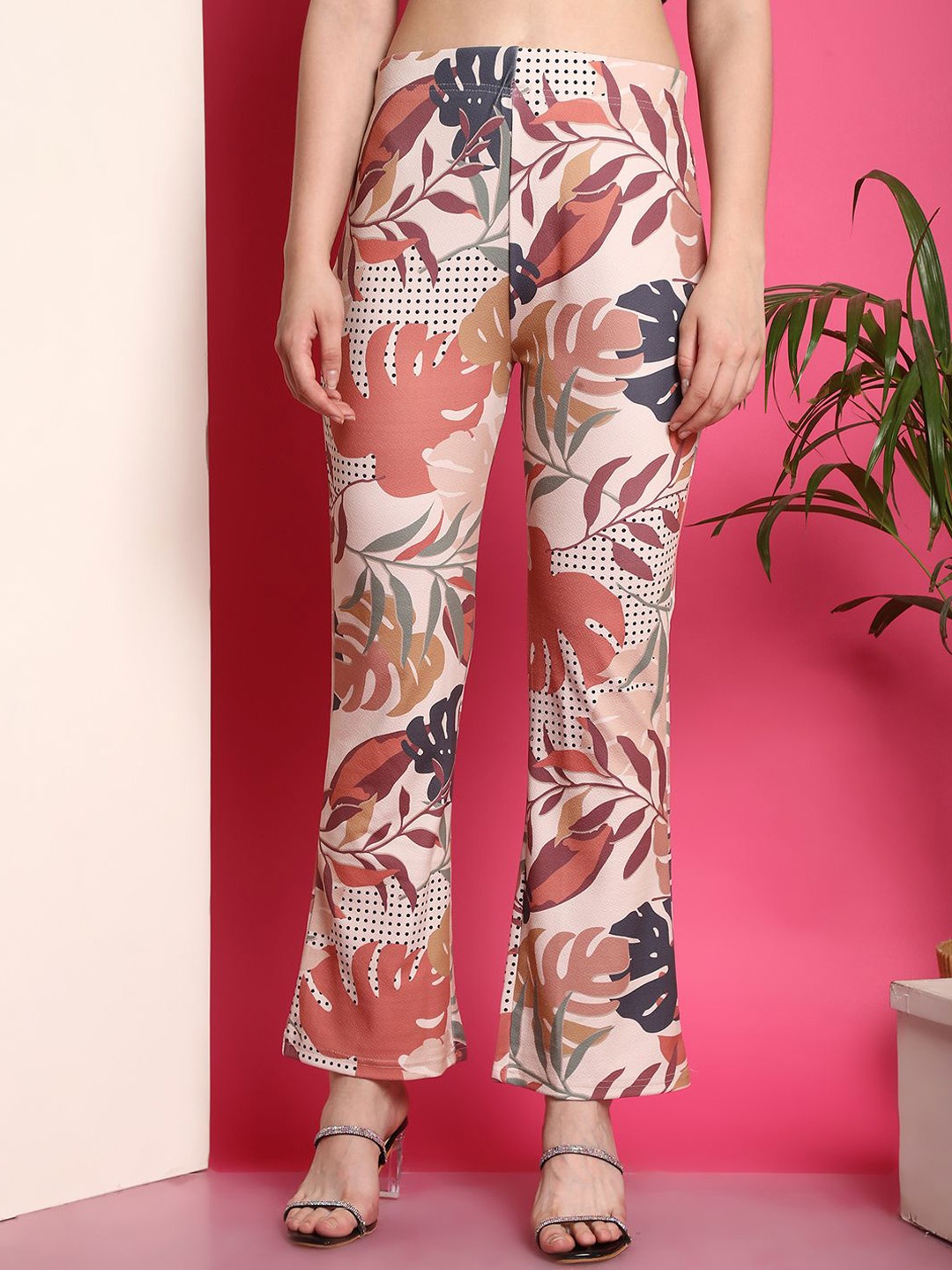 

Fabflee Women Floral Printed High-Rise Straight Fit Bootcut Trousers, Multi