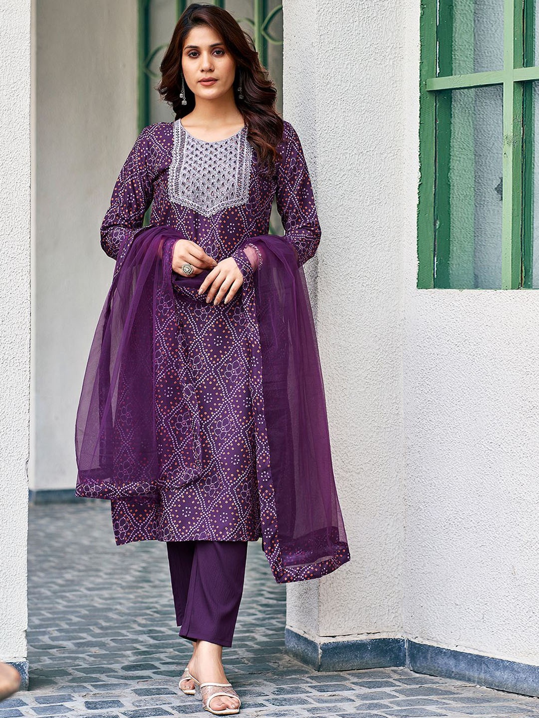 

KALINI Bandhani Printed Round Neck Sequinned Straight Kurta With Trousers & Dupatta, Purple