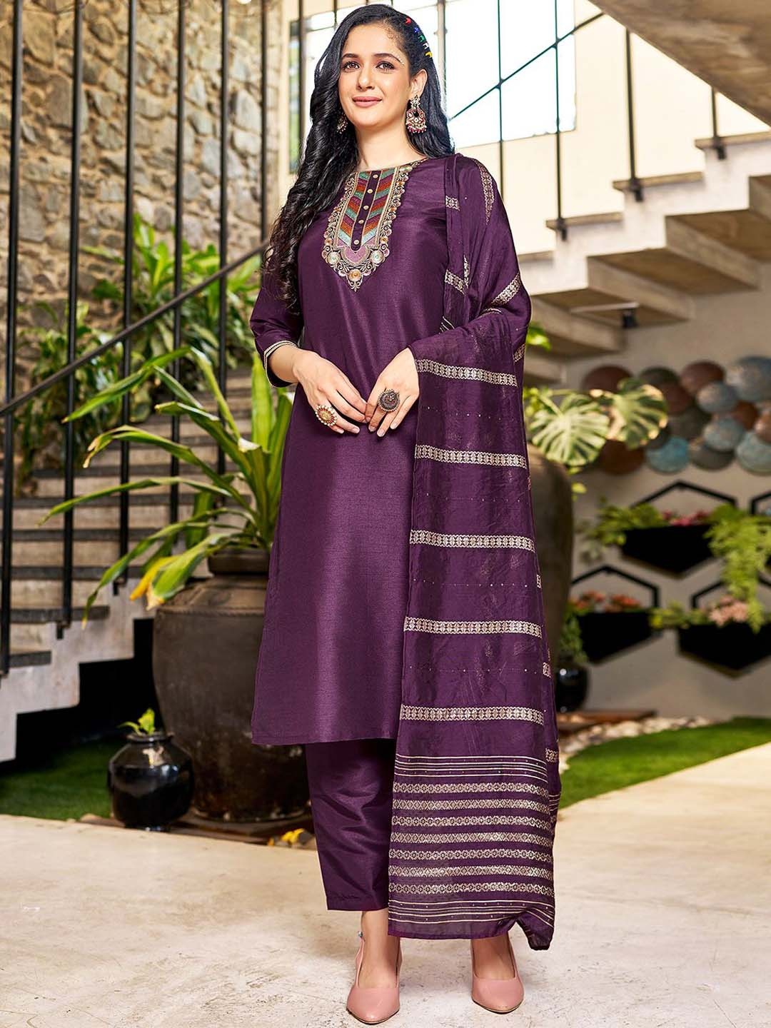 

KALINI Ethnic Motifs Yoke Design Thread Work Straight Kurta With Trousers & Dupatta, Purple