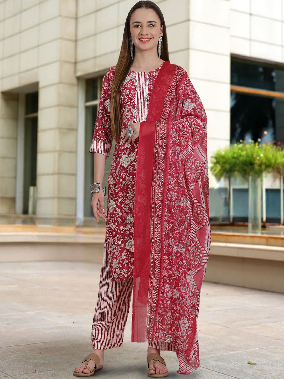 

KALINI Floral Printed Round Neck Straight Kurta With Trousers & Dupatta, Pink