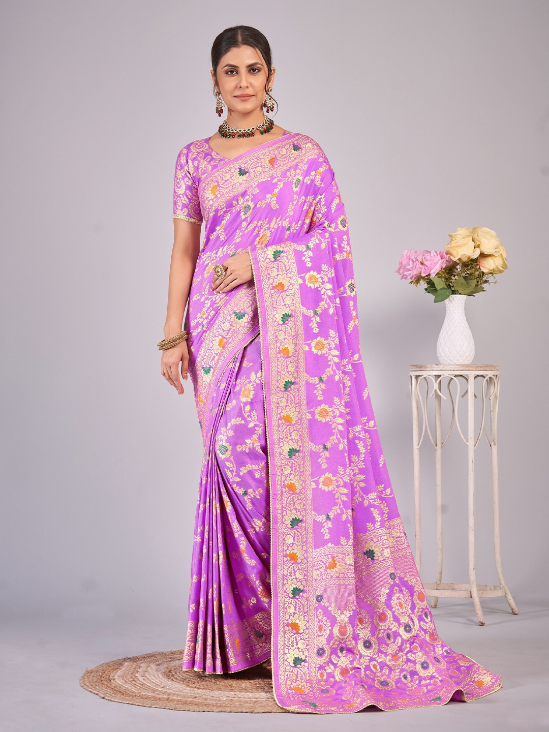 

SHRI MAHAVEER RAJASTHANI SAREE Ethnic Motif Zari Woven Banarasi Saree, Lavender