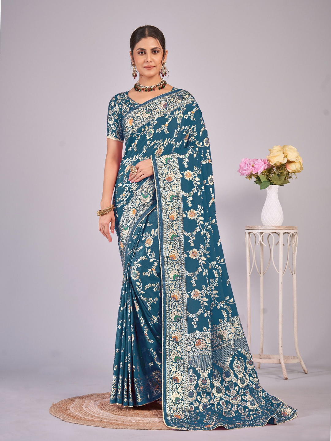 

SHRI MAHAVEER RAJASTHANI SAREE Ethnic Motif Zari Woven Banarasi Saree, Teal