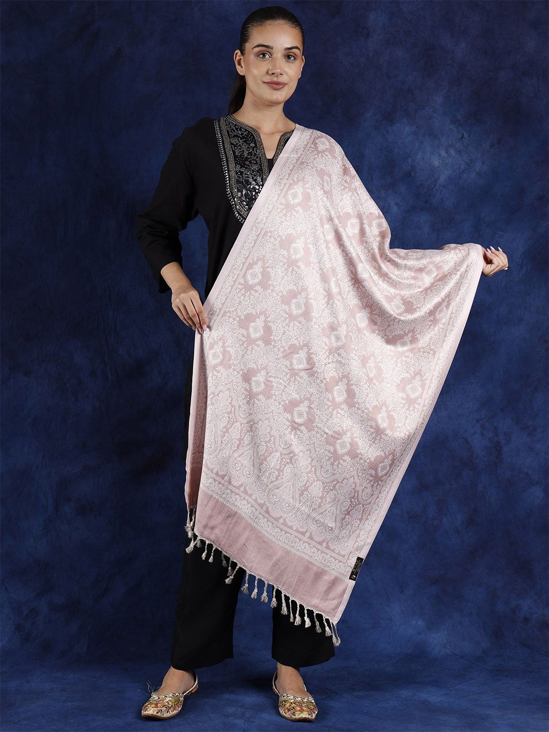 

Exotic India Rose Smoke Reversible Jamawar Stole with Woven Flowers and Paisleys, Pink