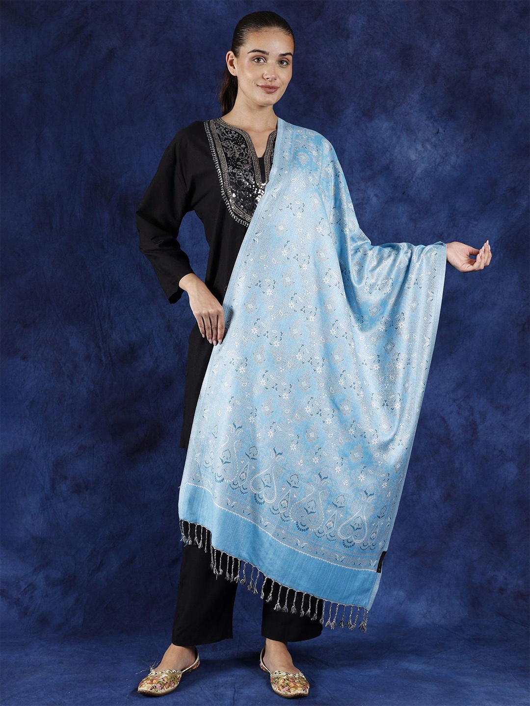 

Exotic India Blue Elixir Reversible Jamawar Stole with Woven Flowers and Paisleys