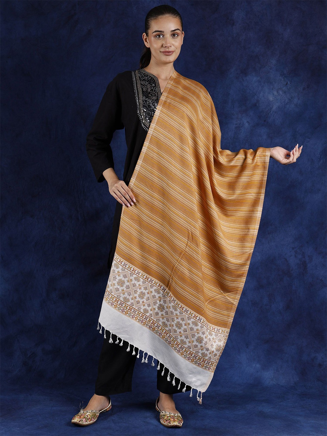

Exotic India Apricot Tan Multicolor Stripe Pattern Stole with Woven Motifs