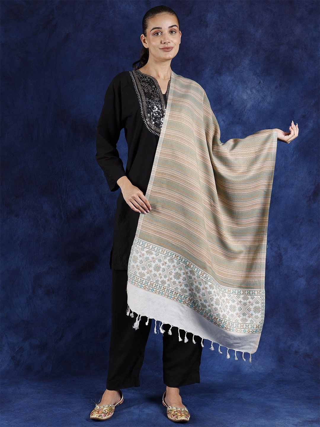 

Exotic India Navigate Multicolor Stripe Pattern Stole with Woven Motifs, Green